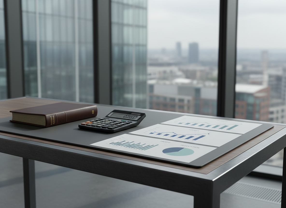 A meticulously organized steel and ash wood desktop featuring a precision-engineered matte black calculator, well-bound leather ledger, and an array of minimalistic graph charts on premium white paper. These items are arranged on a charcoal-grey desk surface backed by a subtle, blurred city skyline through floor-to-ceiling windows. Diffused natural daylight softly illuminates the workspace, creating clean highlights and understated shadows that emphasize order and focus. The mood is highly professional and calm, conveying the gravitas of serious financial planning. Captured from a slightly elevated angle with sharp focus throughout, the composition is balanced and uncluttered, with a photographic realism that matches a corporate, modern UK business website context.